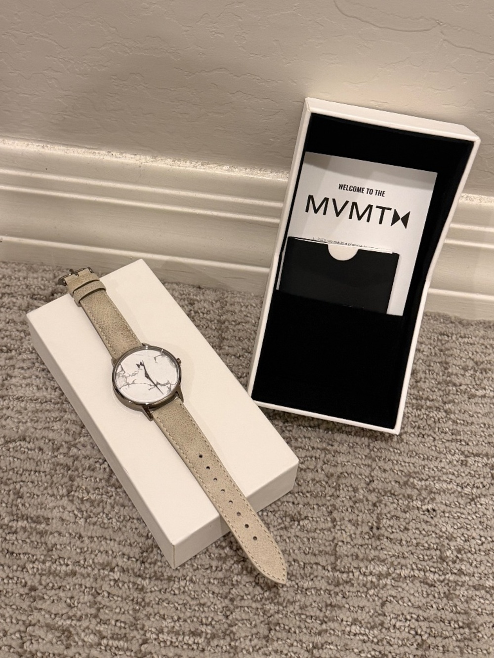 MVMT Marble Dial Watch Cream Leather Strap Minimalist Watch w/ Box